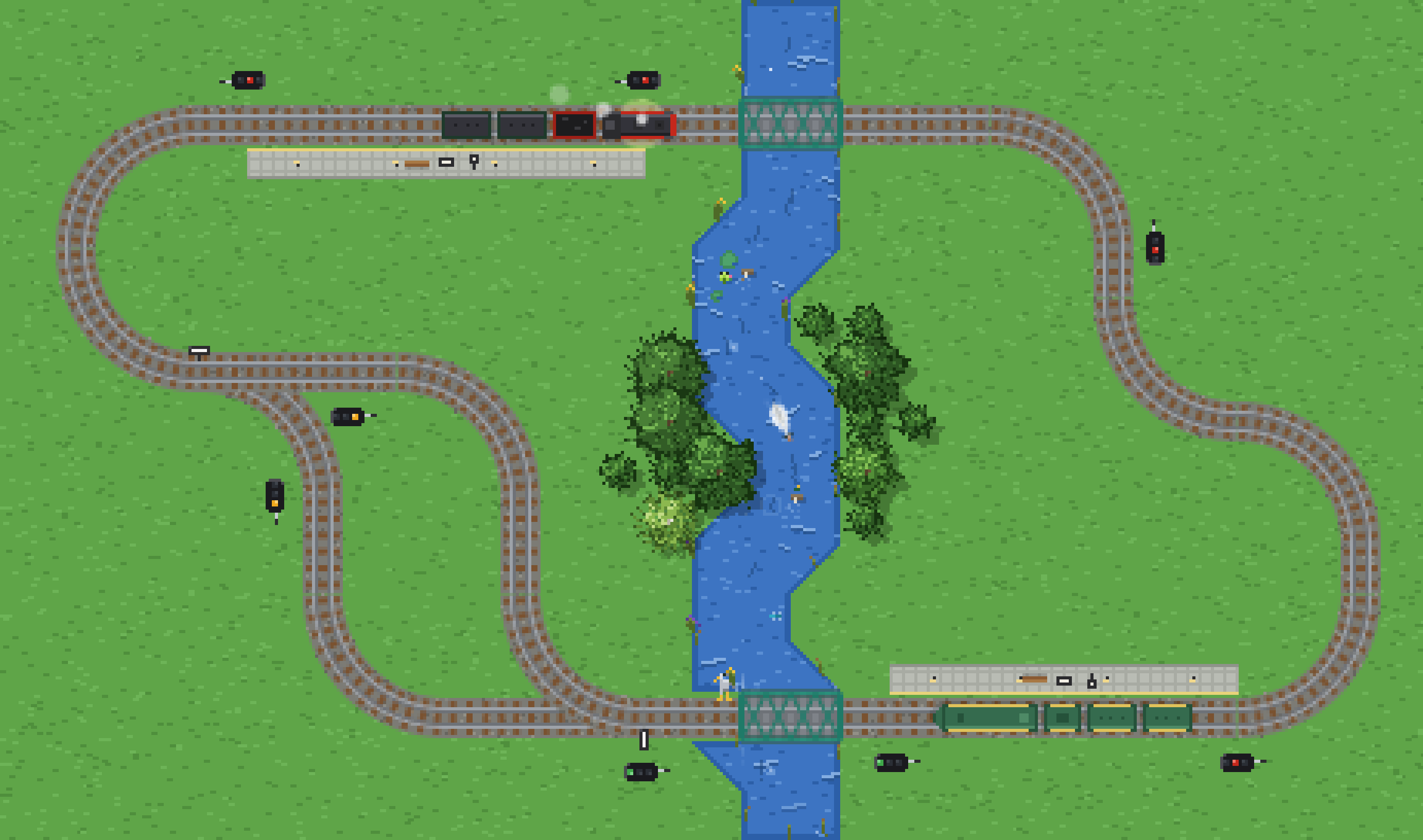 A pixel-art circuit seen from above: a steam train at one platform, an electric train at another, block signals along the line, and a river crossed by two green bridges.