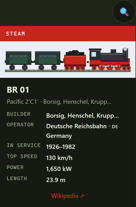The collectible card for the BR 01: a side view of the locomotive with its tender and coaches, over its builder, operator, years in service, top speed, power and length.
