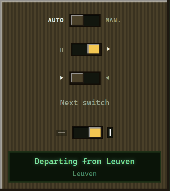 The driving console: an auto/manual switch, a throttle, a direction lever, a horn, and a status display reading Departing from Leuven.