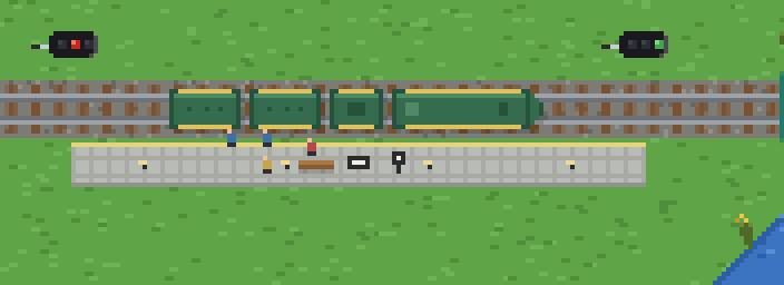 Close-up of a platform: an electric multiple unit standing at it, passengers waiting by a bench and a timetable board.